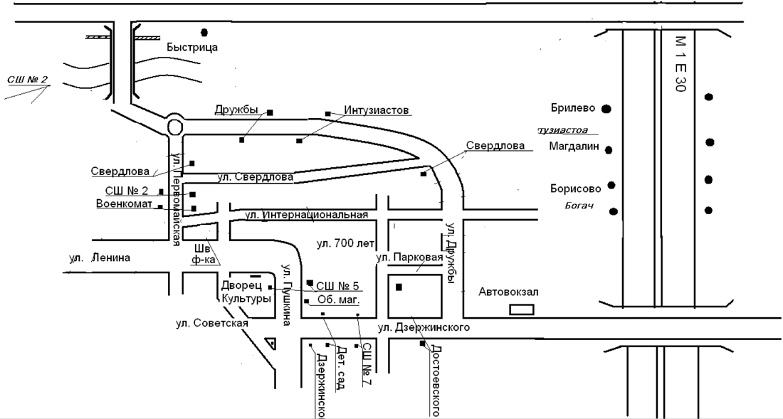 Схема движения автобуса на маршруте № 205 Кобрин - Борисово