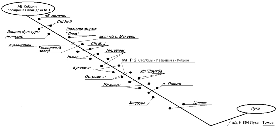 Схема движения автобуса на маршруте № 215 Кобрин - Лука