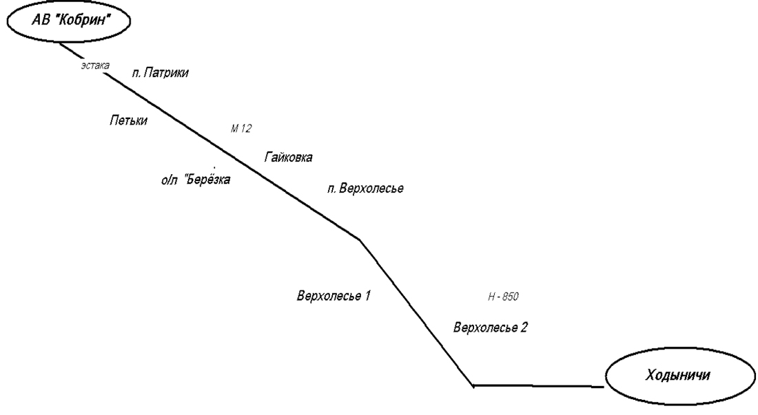 Схема движения автобуса на маршруте № 228 Кобрин- Ходыничи
